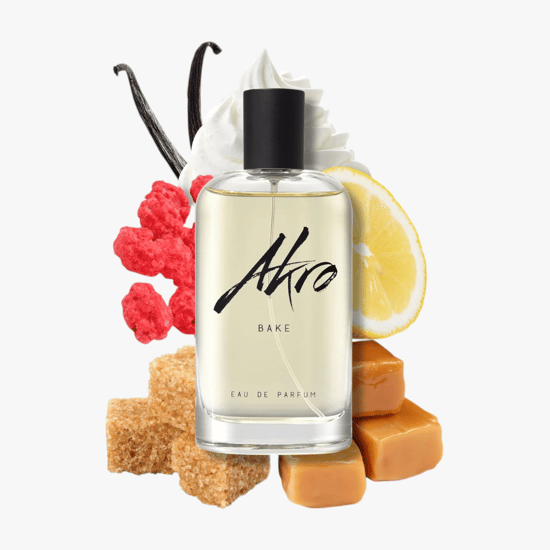 Original packaging of Akro Bake EDP perfume Elegant close-up of the Akro Bake EDP bottle