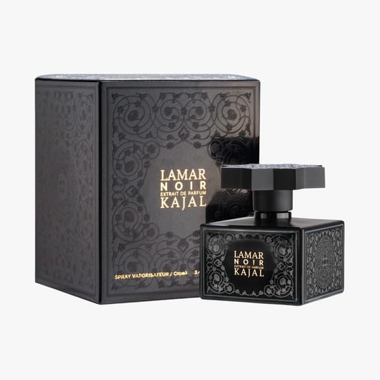 Close-up of the Kajal Lamar Noir EP perfume bottle