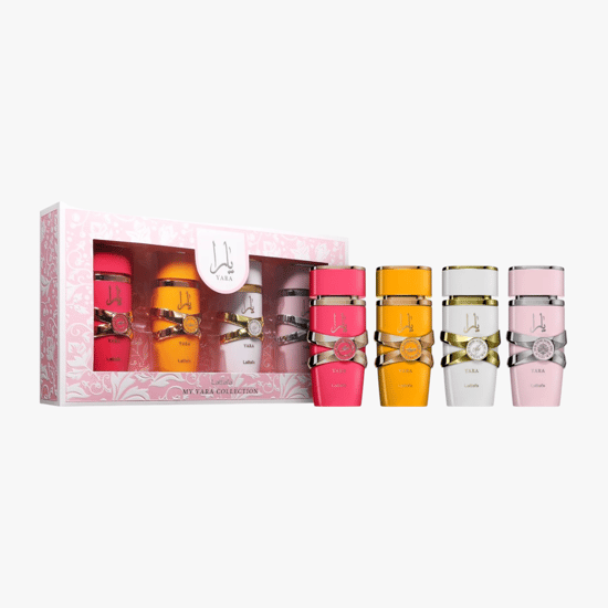 Refined Lattafa Yara EDP 25 ml fragrance set featuring Yara, Yara Candy, Yara Moi, and Yara Tous bottles