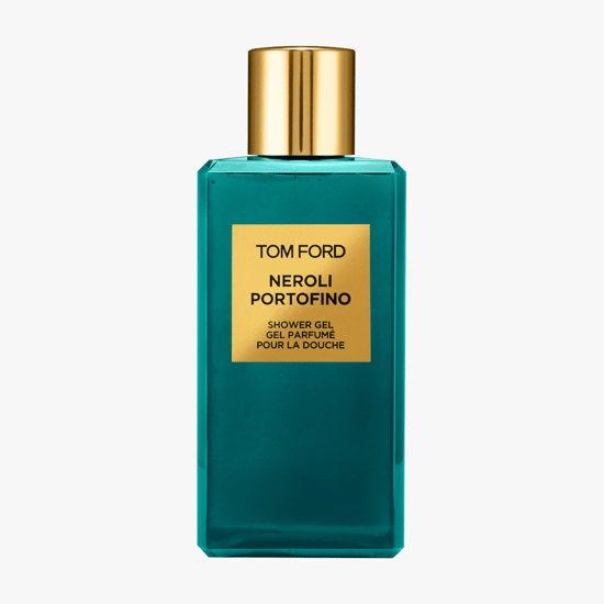 Детали флакона парфюмированного геля для душа Tom Ford Neroli Portofino Минималистичная упаковка геля для душа Tom Ford Neroli Portofino, утонченный косметический дизайн