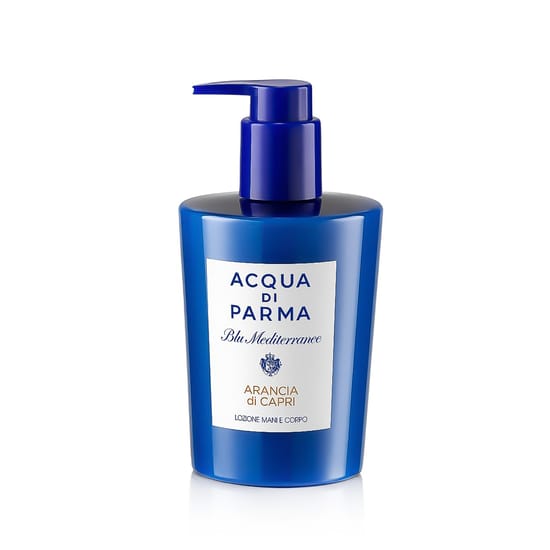 Original Packaging of Acqua di Parma Blu Mediterraneo Arancia di Capri Lotion Close-up of Acqua di Parma Blu Mediterraneo Arancia di Capri Body Lotion Bottle
