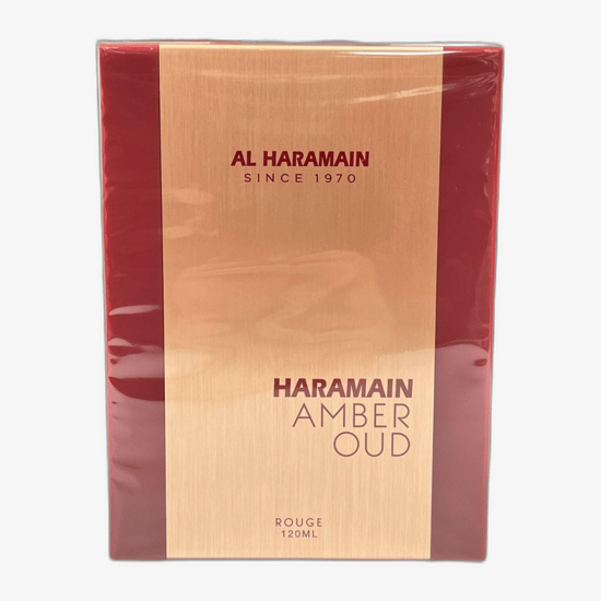 Original packaging of Al Haramain Amber Oud Rouge EDP Elegant bottle of Al Haramain Amber Oud Rouge EDP