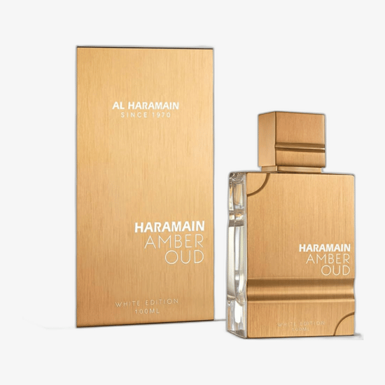 Elegant bottle of Al Haramain Amber Oud White Edition EDP