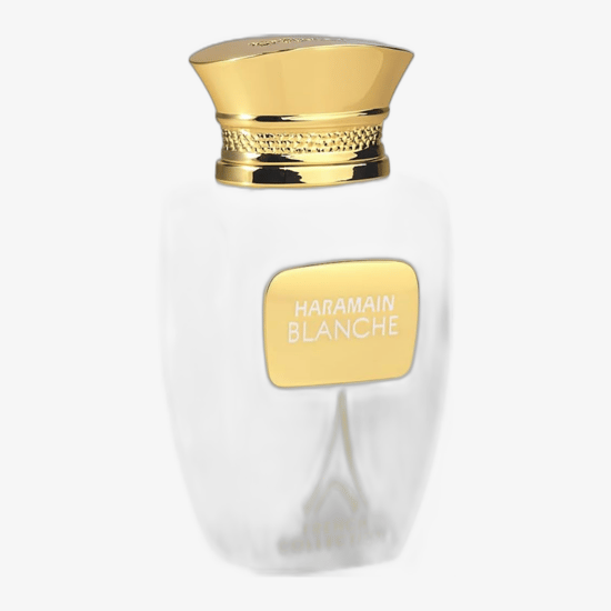 Original packaging of Al Haramain Haramain Blanche EDP Close-up of Al Haramain Haramain Blanche French Collection EDP bottle