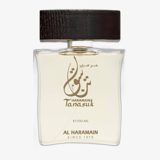 Sleek bottle of Al Haramain Tanasuk Perfumed Oil with refined detail