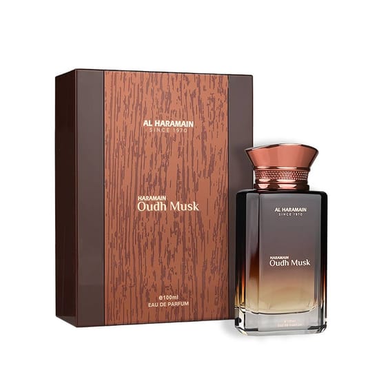Close-up of Al Haramain Oudh Musk EDP bottle