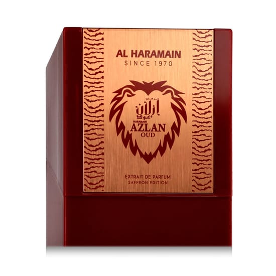 Original packaging of Al Haramain Azlan Oud Saffron Edition EP unisex perfume Elegant bottle of Al Haramain Azlan Oud Saffron Edition EP, minimalist design