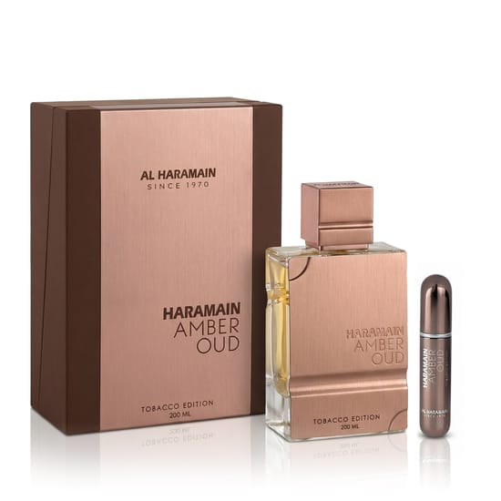 Бутылка Al Haramain Amber Oud Tobacco Edition EDP крупным планом Изящная упаковка Al Haramain Amber Oud Tobacco Edition EDP