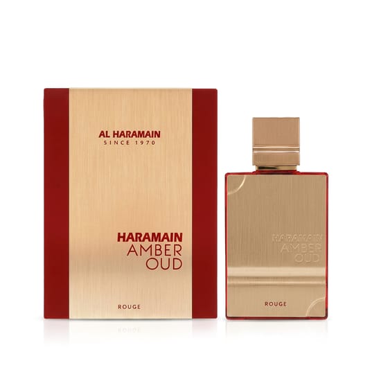 Original packaging of Al Haramain Amber Oud Rouge EDP Elegant bottle of Al Haramain Amber Oud Rouge EDP