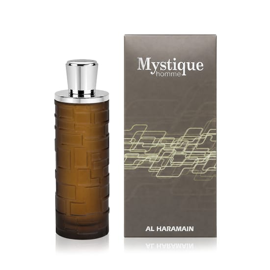 Premium packaging of Al Haramain Mystique Homme Eau de Parfum Stylish bottle of Al Haramain Mystique Homme Eau de Parfum