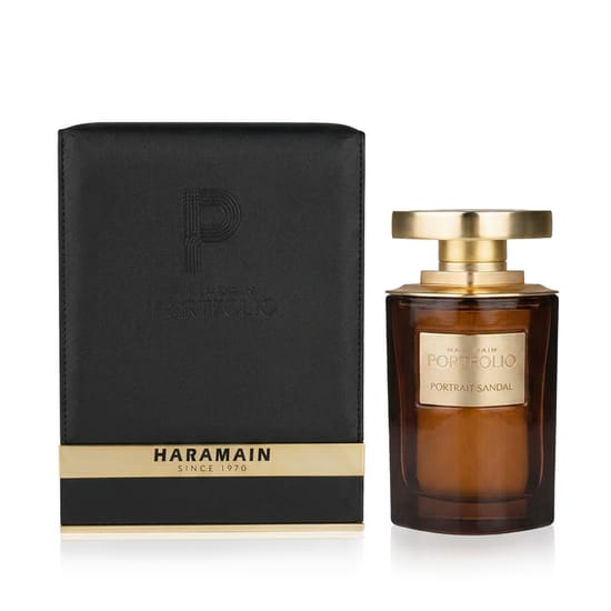 Close-up of Al Haramain Portfolio Portrait Sandal EDP fragrance bottle