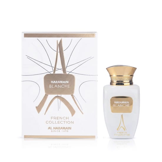 Original packaging of Al Haramain Haramain Blanche EDP Close-up of Al Haramain Haramain Blanche French Collection EDP bottle