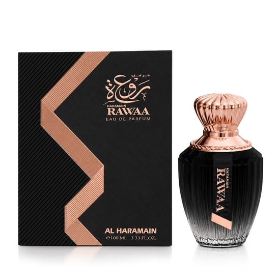 Close-up of Al Haramain Rawaa EDP bottle