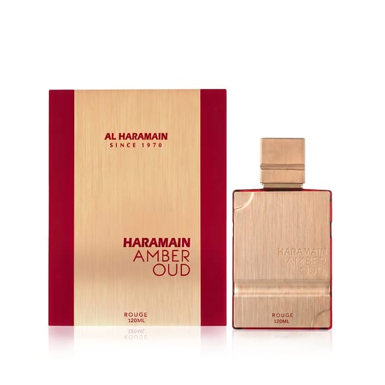 Original packaging of Al Haramain Amber Oud Rouge EDP Elegant bottle of Al Haramain Amber Oud Rouge EDP
