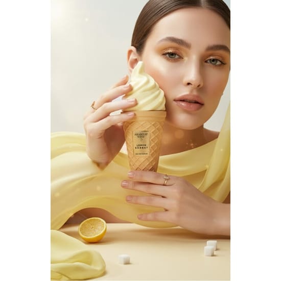 Fragrance of Arabiyat Sugar Lemon Sorbet EDP in original packaging Bottle of Arabiyat Sugar Lemon Sorbet EDP with vibrant design