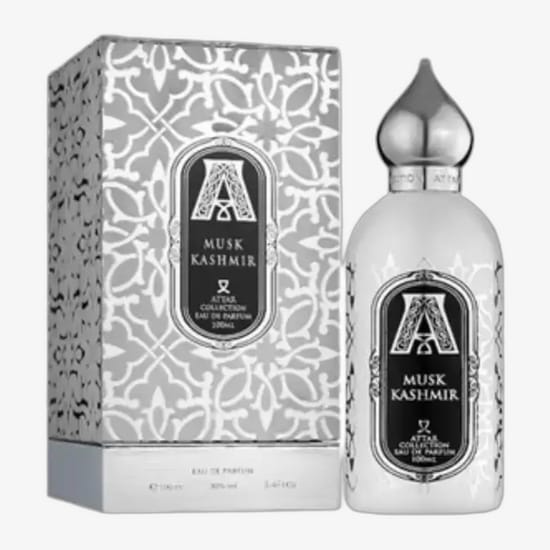 Attar Collection Musk Kashmir EDP – 2ml spray sample packaging in clean, modern style. Minimalist bottle of Musk Kashmir EDP spray sample, symbolising elegant unisex fragrance.