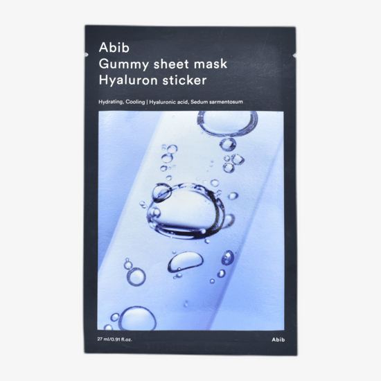 Abib Gummy Sheet Mask Hyaluron Sticker – упаковка и маска Abib Gummy Sheet Mask Hyaluron Sticker на коже – тканевая маска для глубокого увлажнения