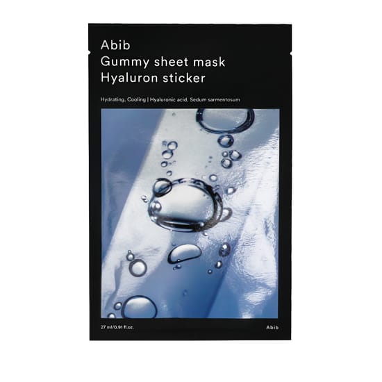Abib Gummy Sheet Mask Hyaluron Sticker – упаковка и маска Abib Gummy Sheet Mask Hyaluron Sticker на коже – тканевая маска для глубокого увлажнения