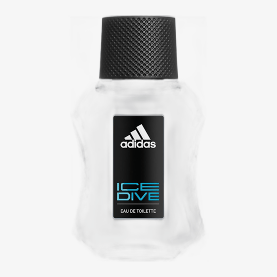 Original packaging of Adidas Ice Dive Intense EDP Close-up of the Adidas Ice Dive Intense EDP bottle