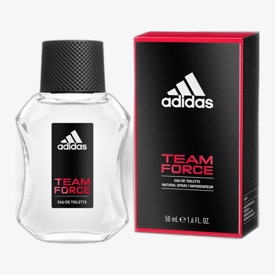 Close-up of unpacked Adidas Team Force EDT bottle