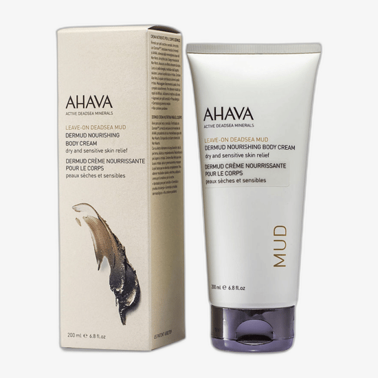 Textured surface of Ahava Deadsea Mud Dermud Nourishing Body Cream, creamy consistency