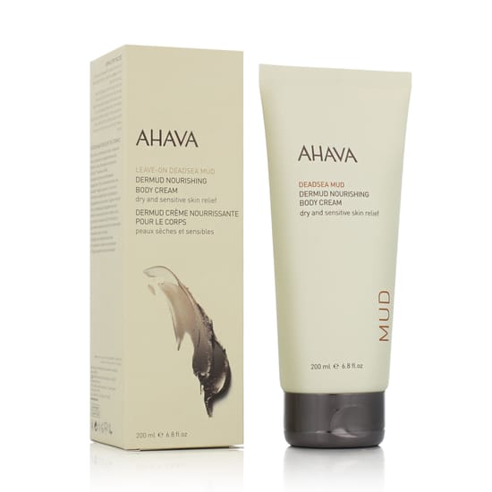 Textured surface of Ahava Deadsea Mud Dermud Nourishing Body Cream, creamy consistency