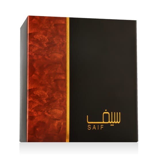 Close-up of Ahmed Al Maghribi Saif EDP perfume bottle