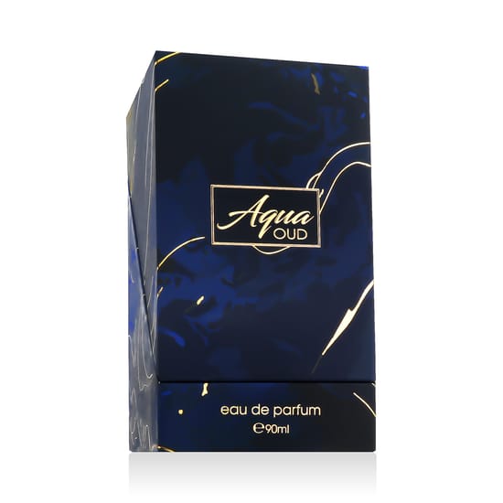 Close-up of the Ahmed Al Maghribi Aqua Oud EDP bottle