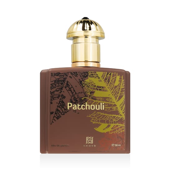 Close-up image showing Ahmed Al Maghribi Patchouli EDP perfume bottle