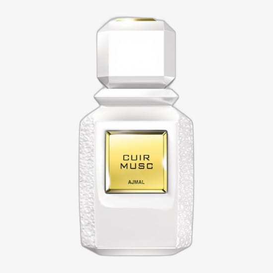Elegant bottle of Ajmal Cuir Musc EDP displaying refined minimalist style