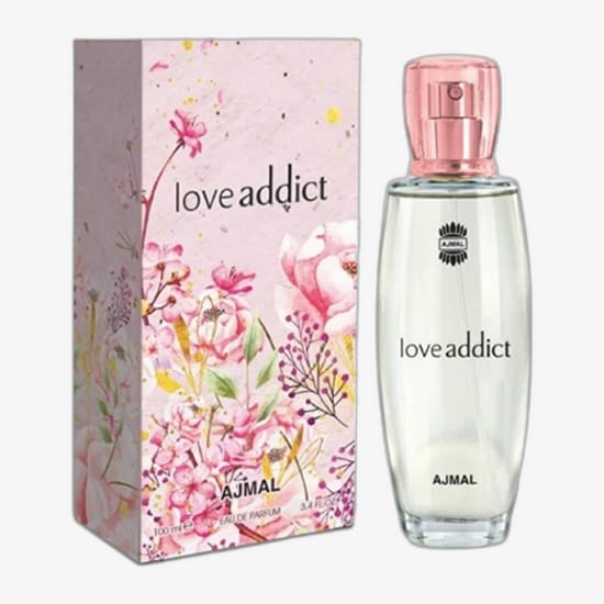 Original packaging of Ajmal Love Addict EDP Elegant bottle of Ajmal Love Addict EDP