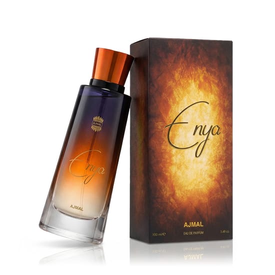 Original packaging of Ajmal Enya EDP perfume Stylish bottle of Ajmal Enya EDP close-up