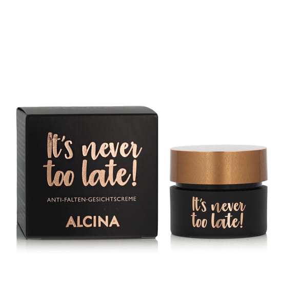 Alcina It's Never Too Late! Anti-Wrinkle Face Cream displayed in an elegant jar with a refined, minimalist design