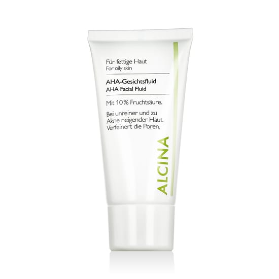 Alcina for oily skin AHA facial fluid originaalpakend Alcina for oily skin AHA facial fluid pudeli lähivõte