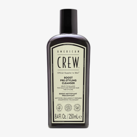 American Crew Boost Pre-Styling Cleanser bottle, clean and minimalist design, refreshing hair cleanser
