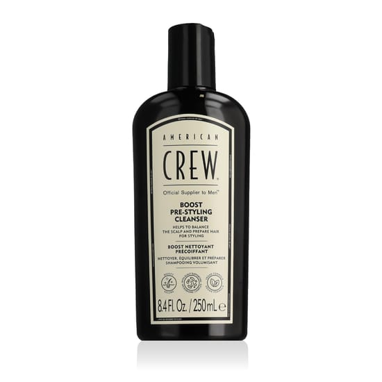 American Crew Boost Pre-Styling Cleanser bottle, clean and minimalist design, refreshing hair cleanser