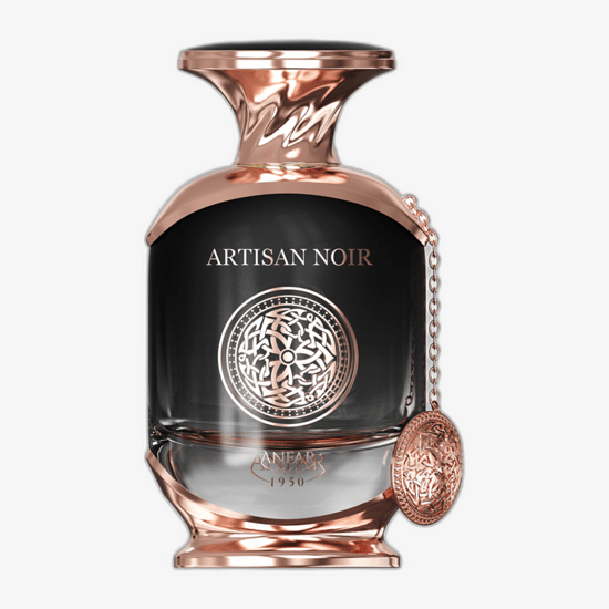 Anfar 1950 Artisan Noir EP originaalne parfüümi pakend Elegantne Anfar 1950 Artisan Noir EP pudel lähedalt vaates