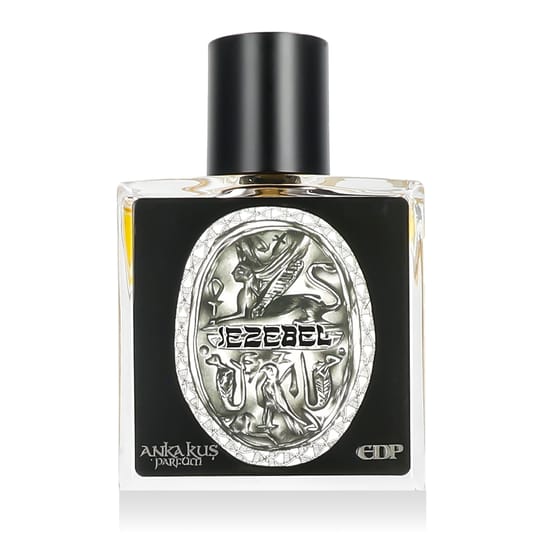 Original packaging of Anka Ku? Parfüm Jezebel EDP on a soft neutral backdrop Close-up of Anka Ku? Parfüm Jezebel EDP bottle, minimalist background
