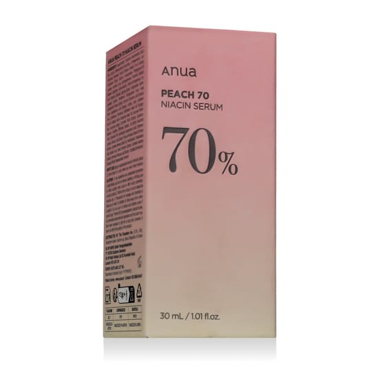 Anua Peach 70% Niacin Serum pudeli detailid naturaalses valguses