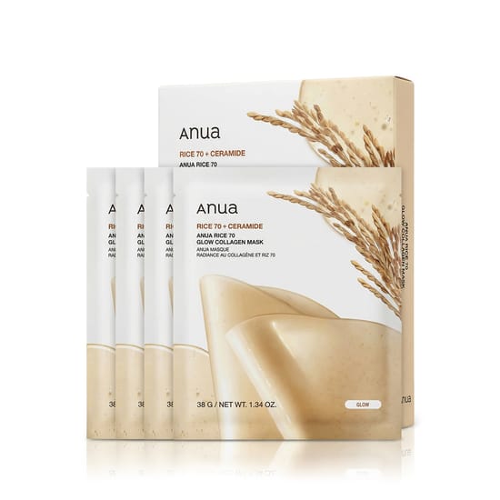 Packaging of Anua Rice 70 + Ceramide Glow Collagen Mask