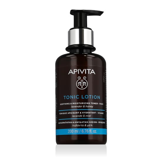 Бутылка Apivita Tonic Lotion Soothing & Moisturizing Toner крупным планом, минималистичный дизайн, акцент на свежести и легкости