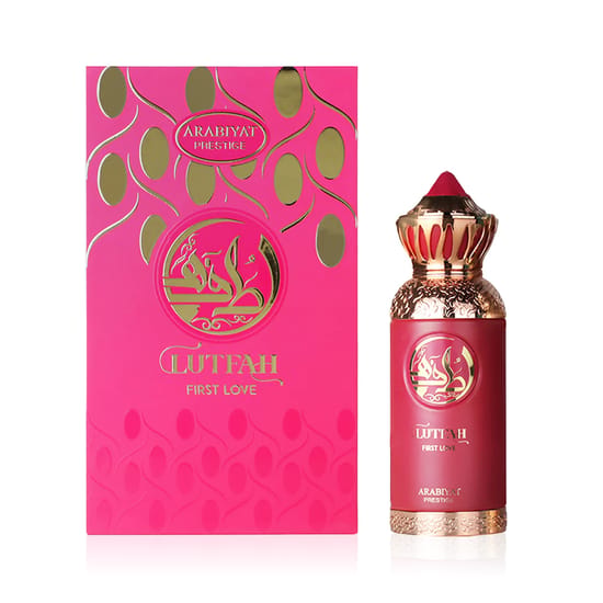 Elegant bottle of Arabiyat Prestige Lutfa First Love EDP, luminous and refined unisex fragrance
