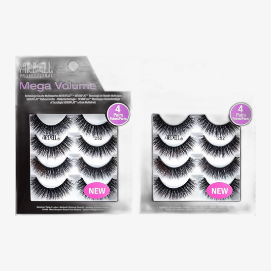 Original Packaging of Ardell Mega Volume (252) Black Lashes Close-up of Ardell Mega Volume (252) Black False Eyelashes