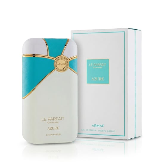 Elegant close-up of Armaf Le Parfait Azure Pour Femme EDP bottle, highlighting its refined design