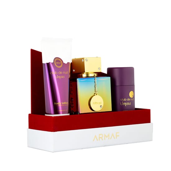 Armaf Club de Nuit Untold EDP and body care products displayed