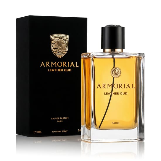 Armorial Leather Oud EDP originaalpakendis Elegantne Armorial Leather Oud EDP pudel
