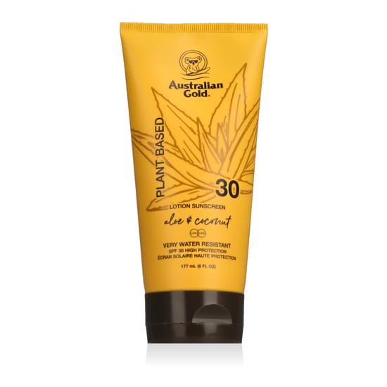 Флакон Australian Gold Plant Based Body Sunscreen SPF 30 на белом фоне
