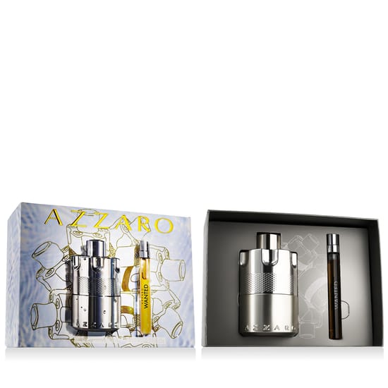 Sophisticated bottle of Azzaro Wanted EDP alongside its mini version