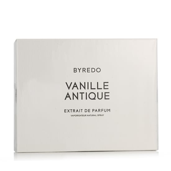 Original packaging of Byredo Vanille Antique EP perfume Elegant close-up of Byredo Vanille Antique EP bottle