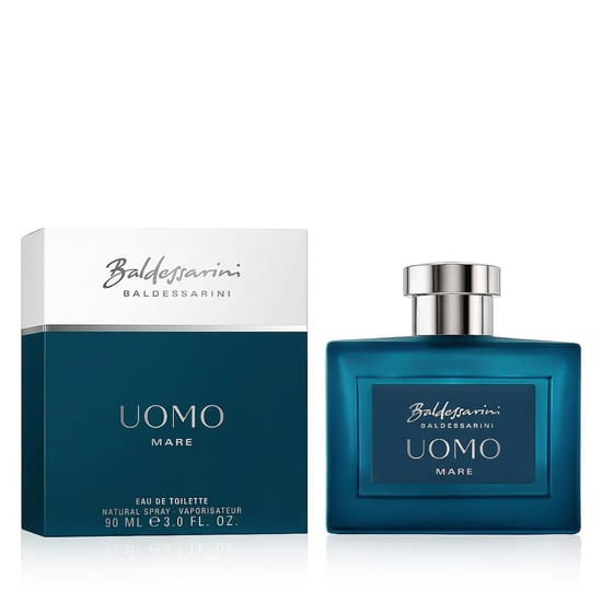 Original packaging of Baldessarini Uomo Mare EDT Close-up of Baldessarini Uomo Mare EDT bottle
